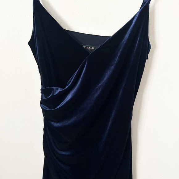 Black Halo Navy Velvet Faux Wrap Mini Dress - Picture 3 of 8